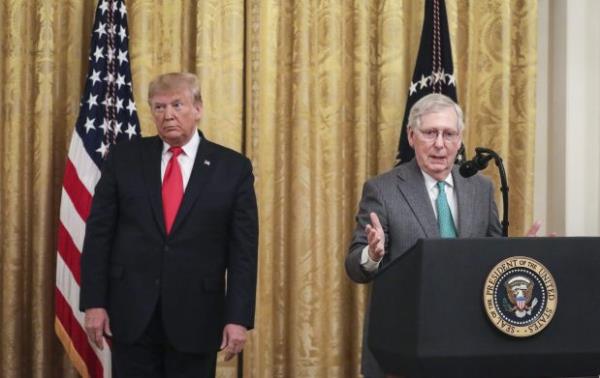 FILE - (L-R) President Do<em></em>nald Trump looks on as Senate Majority Leader Mitch McCo<em></em>nnell (R-KY) speaks during an event a<em></em>bout judicial co<em></em>nfirmations in the East Room of the White House on November 6, 2019 in Washington, DC. (Photo by Drew Angerer/Getty Images)