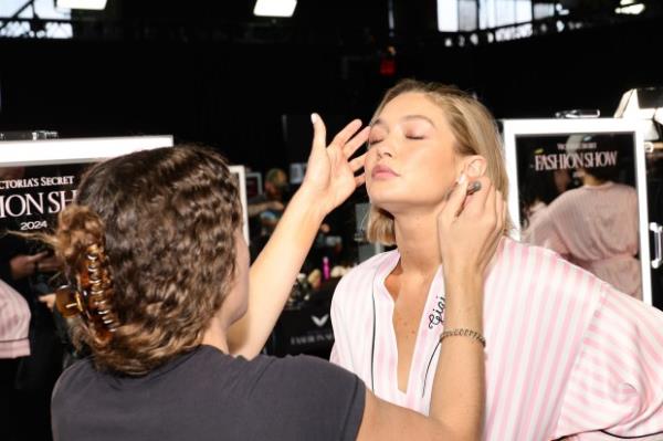 Gigi Hadid prepares backstage at the Victoria's Secret Fashion Show 2024 on October 15, 2024 in New York City. (Photo by Arturo Holmes/Getty Images for Victoria's Secret)