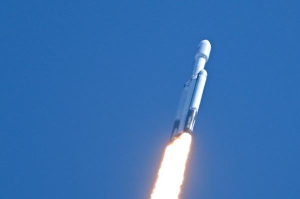 A SpaceX Falcon Heavy rocket with the Europa Clipper spacecraft aboard launches from Launch Complex 39A at NASA's Kennedy Space Center in Cape Canaveral on October 14, 2024.