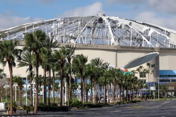 The roof of Tropicana Field was torn off during Hurricane Milton on Thursday, Oct. 10, 2024, in St. Petersburg, Fla. (AP Photo/Mike Carlson)