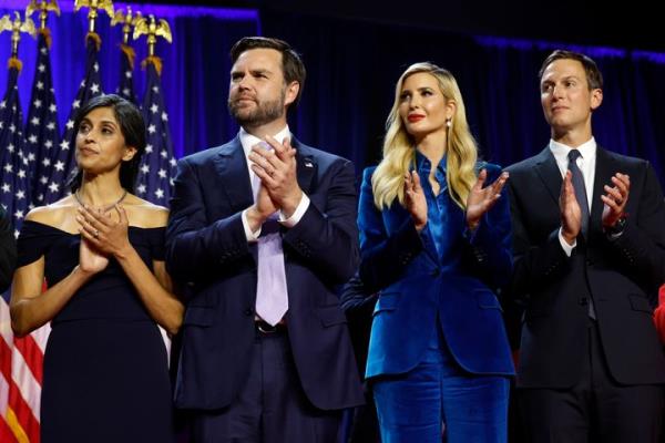 Ivanka Trump and Jared Kushner (right) applaud Do<em></em>nald Trump's victory speech with Usha Vance and Trump's running mate JD Vance.