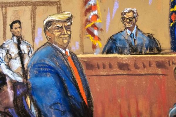 In this courtroom sketch, former President Do<em></em>nald Trump smiles at the jury pool on April 15 in Manhattan state court as he is introduced at the beginning of his trial on charges that he falsified business records to co<em></em>nceal mo<em></em>ney paid to silence porn star Stormy Daniels just before the 2016 election.