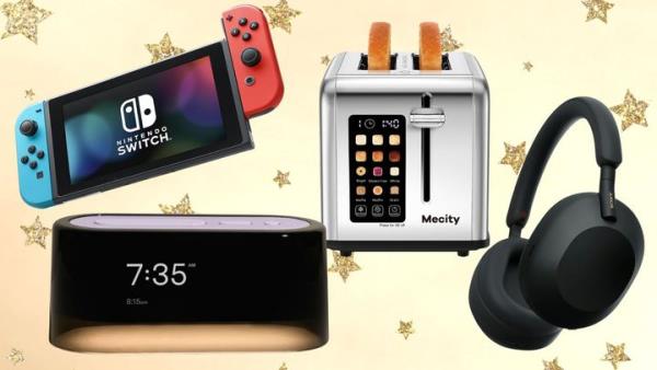 Right to left: A Nintendo Switch, a sleep-promoting Loftie alarm, a smart toaster and a pair of Sony noise-canceling headphones.