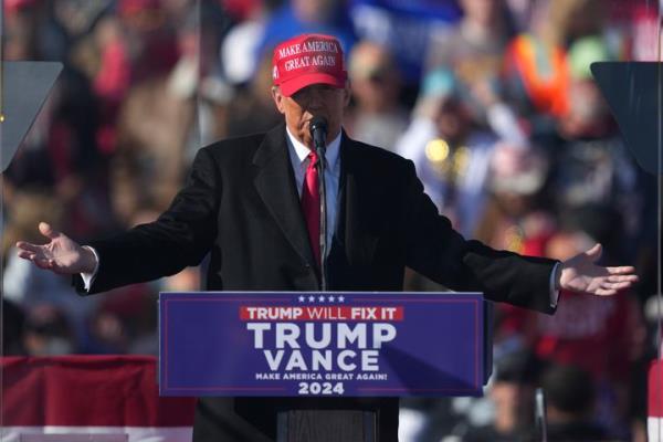 Republican presidential nominee former President Do<em></em>nald Trump speaks during a campaign rally in Lititz, Pa., Sunday, Nov. 3, 2024. (AP Photo/Matt Rourke)