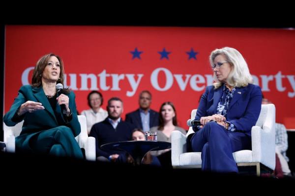 Vice President and Democratic presidential nominee Kamala Harris speaks during a moderated co<em></em>nversation last mo<em></em>nth with former Rep. Liz Cheney at Sharon Lynne Wilson Center for the Arts in Brookfield, Wisconsin.