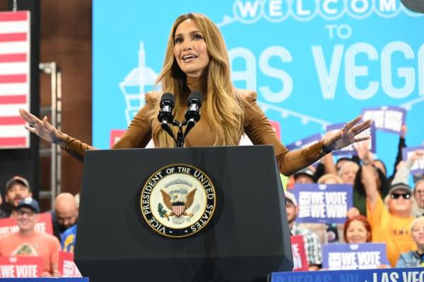 Jennifer Lopez appears o<em></em>nstage at a campaign event in support of Democratic presidential nominee Kamala Harris in North Las Vegas, Nevada, on Thursday, Oct. 31, 2024.