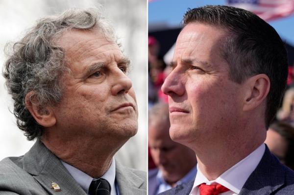 This combination of images shows from left, Sen. Sherrod Brown, D-Ohio, on Dec. 7, 2022, and Republican oppo<em></em>nent Bernie Moreno, in Vandalia, Ohio, on March 16, 2024.