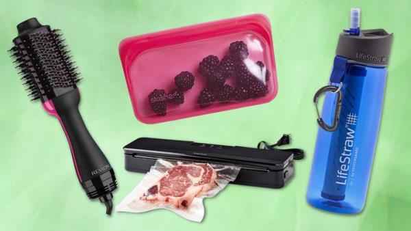 A Revlon One-Step volumizer brush, Stasher reusable snack bag, Anova Culinary vacuum sealer and LifeStraw Go bottle