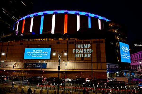 The DNC projected anti-Trump missives o<em></em>nto Madison Square Garden during the Republican nominee's rally in New York City.