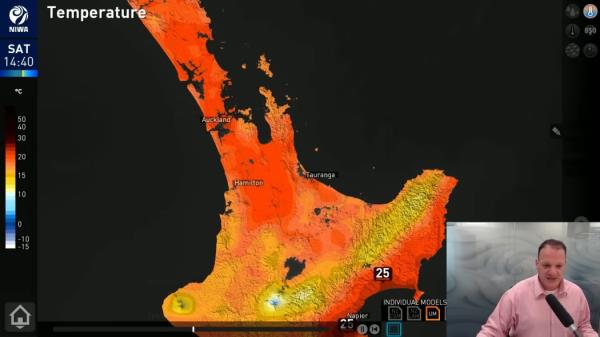 A NIWA weather forecast map, taken from a YouTube screenshot, shows high temperatures across the upper North Island.