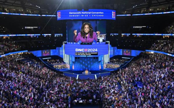 US producer/actress Oprah Winfrey speaks on the third day of the Democratic Natio<em></em>nal Co<em></em>nvention (DNC) at the United Center in Chicago, Illinois, on August 21, 2024. Vice President Kamala Harris will formally accept the party’s nomination for president at the DNC which runs from August 19-22 in Chicago. (Photo by MANDEL NGAN / AFP)