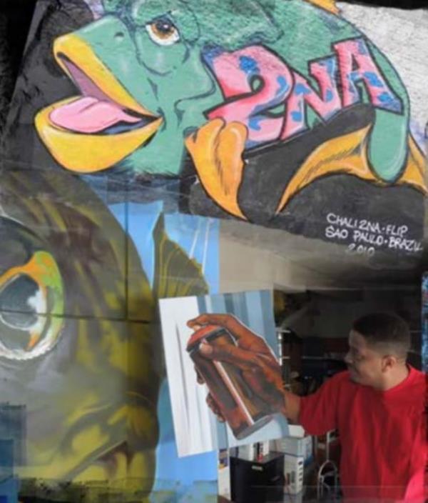 Rapper and Artist Chali 2NA/ Flip graffiti mural in Sao Paulo Brazil 2010