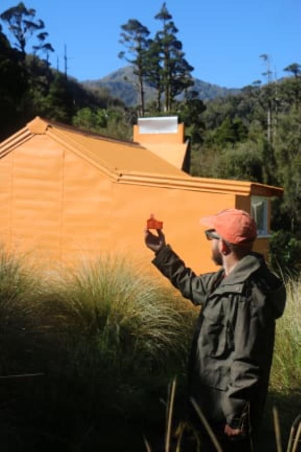 Kemi at Old Cedar Flat Hut with mini, 2024