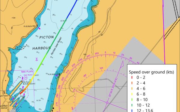 A track map showing the Aratere ferry's course through Picton Harbour on 21 June 2024.