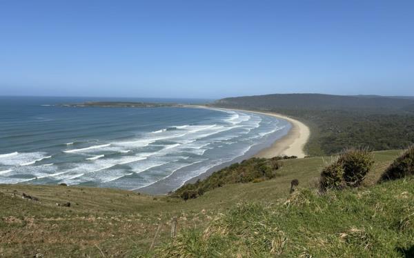 The view looking down to a long golden sand beach curving into the distance, with white-capped breakers rolling in. The land behind the beach is forest.