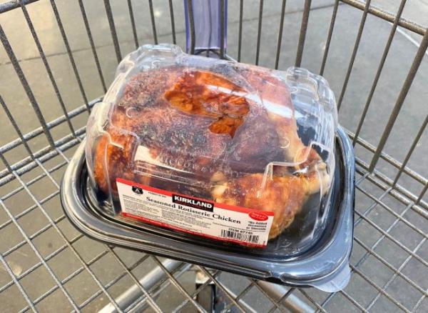 Costco rotisserie chicken in shopping cart