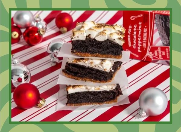 a festive photo of trader joe's chocolate peppermint bark on a designed background