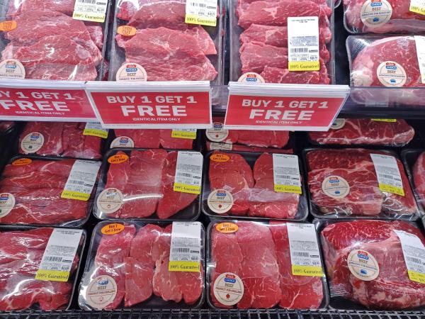 Packs of red meat at a supermarket