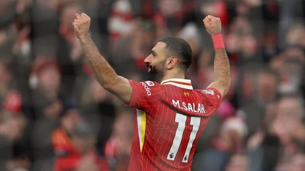 Mohamed Salah celebrates his strike as Liverpool beat Leicester at Anfield