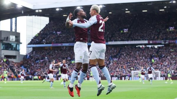 Jhon Duran and Morgan Rogers celebrate during Aston Villa's victory over Manchester City