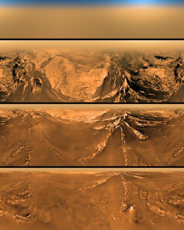 4 panels showing mountainous landforms seen from above and then increasingly from the side as the lander descends.