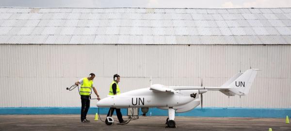 An unmanned aerial vehicle or drone is prepared for flight in Goma, in the Democratic Republic of the Congo. (file)