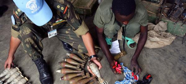 Weapons and ammunition collected during a demobilisation process in DRC.